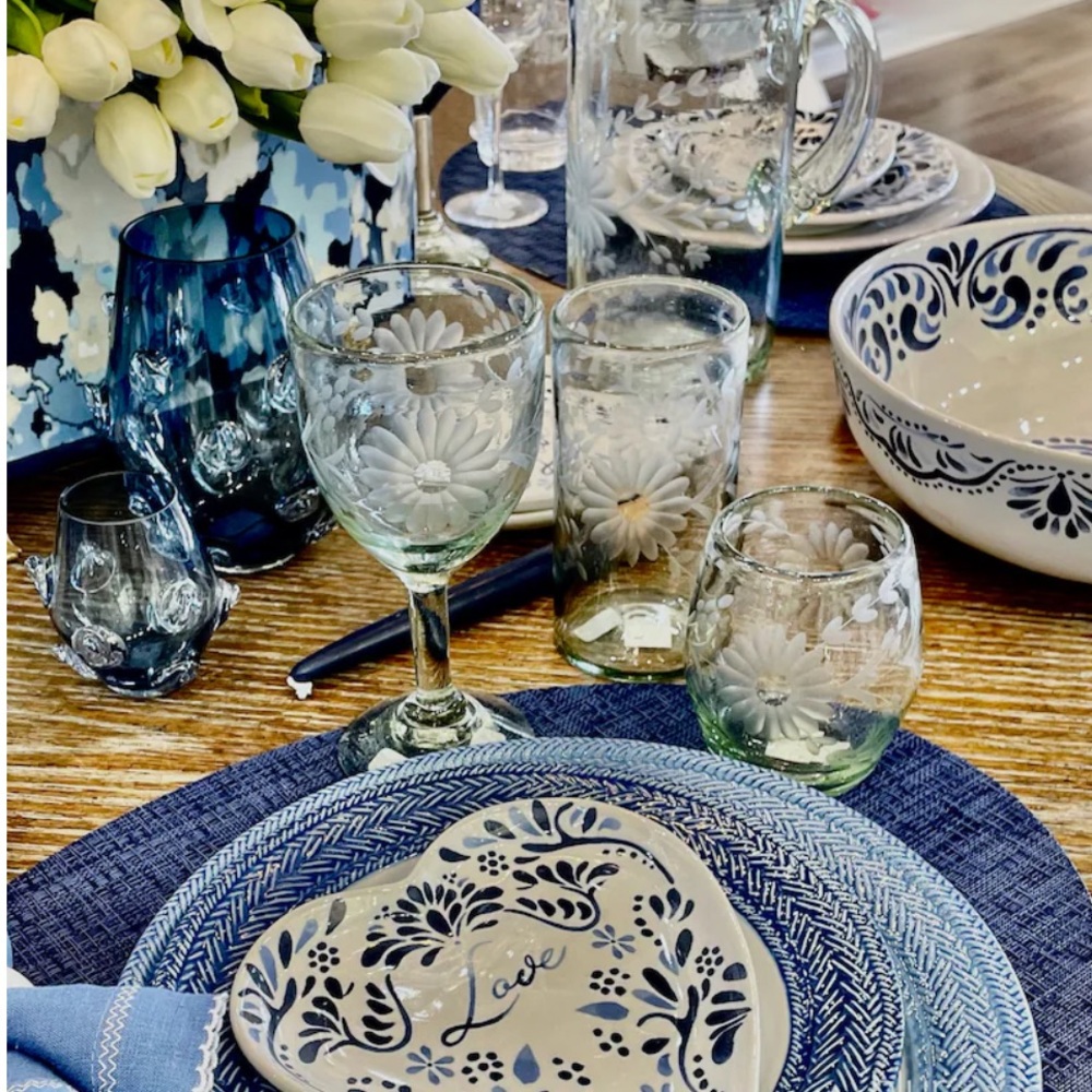 Pottery Barn Stemless Wine Recycled Glass Set of 5 with Etched Flowers NEW